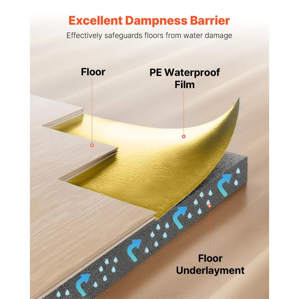 VEVOR Floor Underlayment 200 sq. ft/Roll, 3-in-1 3 mm Thick Flooring Padding with Tape & Vapor Barrier, Heavy Duty EPE Foam with Gold PE, Soundproofing and Noise Reduction, for Laminate Wood Floors