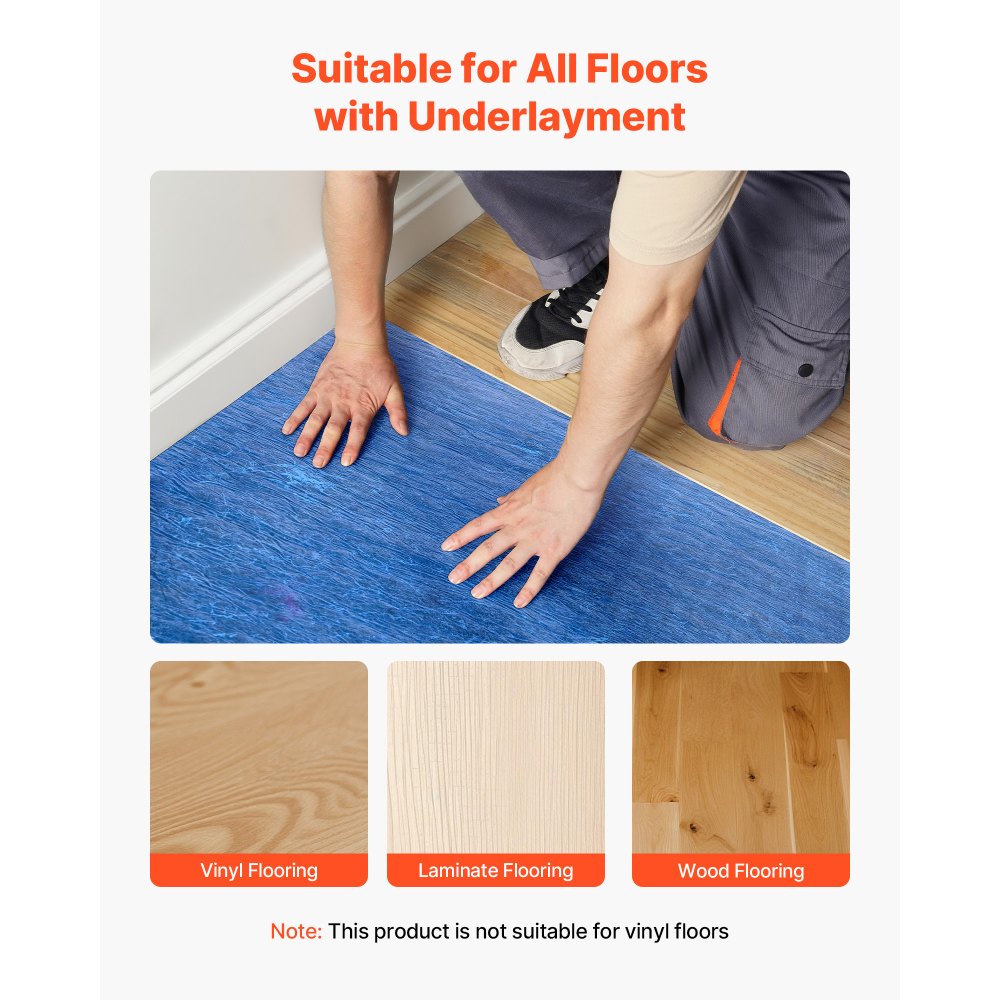 VEVOR Floor Underlayment 400 sq. ft, 3mm Laminate Flooring Padding with Attached Vapor Barrier, Heavy Duty Fiber+PE Film, Soundproofing & Noise Reduction for Vinyl & Wood(2 Rolls x 200 sq. ft)