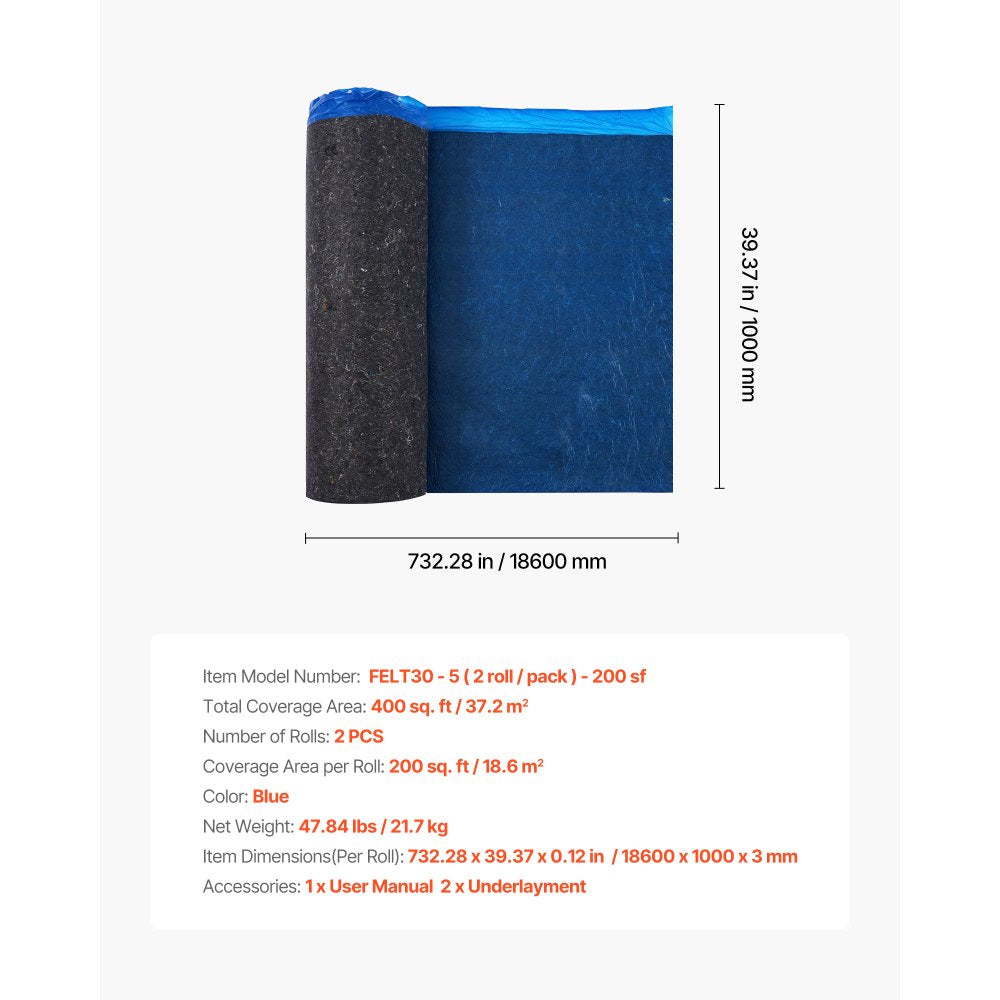 VEVOR Floor Underlayment 400 sq. ft, 3mm Laminate Flooring Padding with Attached Vapor Barrier, Heavy Duty Fiber+PE Film, Soundproofing & Noise Reduction for Vinyl & Wood(2 Rolls x 200 sq. ft)