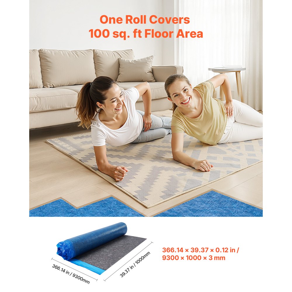 VEVOR Floor Underlayment 100 sq. ft/Roll, 3 mm Thick Laminate Flooring Padding with Attached Vapor Barrier, Heavy Duty Fiber + PE Film, Soundproofing & Noise Reduction, Ideal for Vinyl Wood