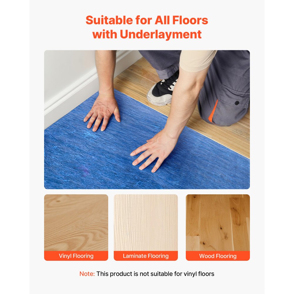 VEVOR Floor Underlayment 100 sq. ft/Roll, 3 mm Thick Laminate Flooring Padding with Attached Vapor Barrier, Heavy Duty Fiber + PE Film, Soundproofing & Noise Reduction, Ideal for Vinyl Wood