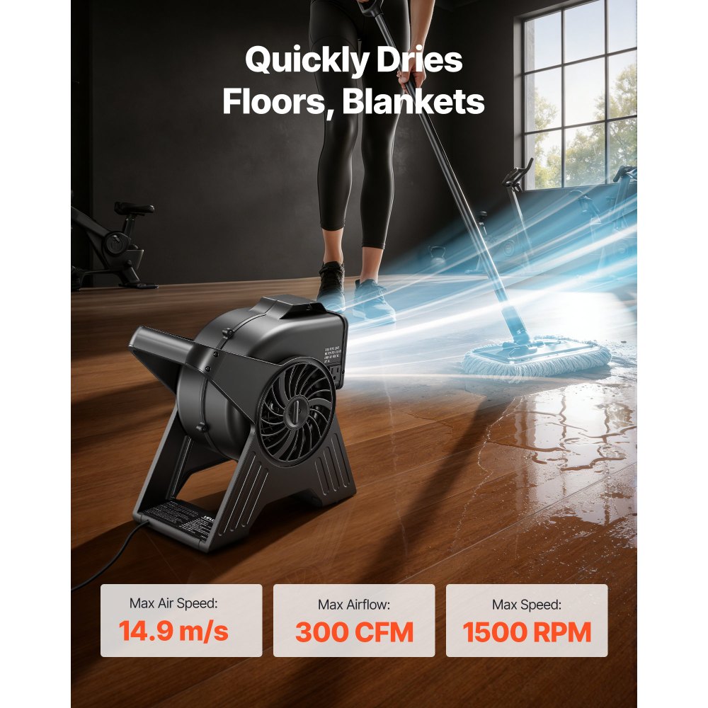 VEVOR Blower Fan, 13 in Portable Utility Floor Fan, 300 CFM, 3 Speeds, Multi-Angle Airflow, Lightweight Portable High Velocity Air Mover, for Drying, Dehumidifying, Carpets, Air Circulation, Cooling