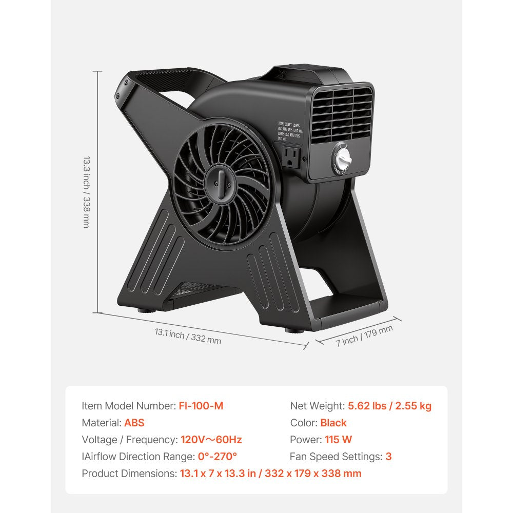 VEVOR Blower Fan, 13 in Portable Utility Floor Fan, 300 CFM, 3 Speeds, Multi-Angle Airflow, Lightweight Portable High Velocity Air Mover, for Drying, Dehumidifying, Carpets, Air Circulation, Cooling