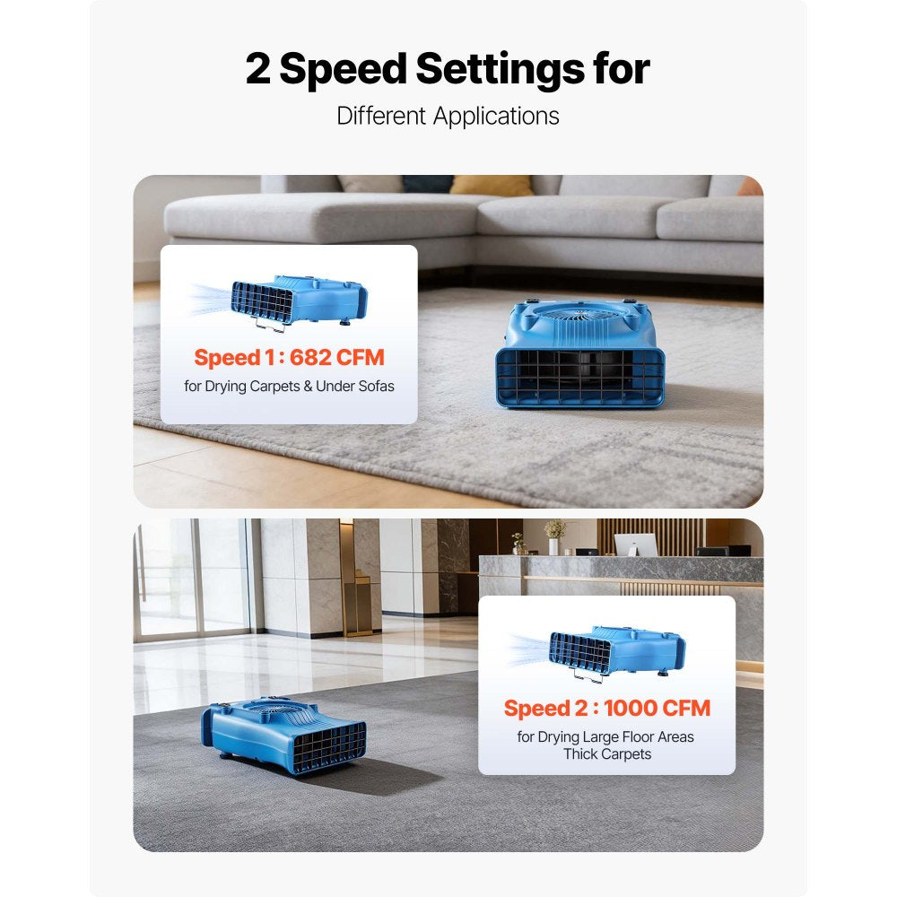 VEVOR Blower Fan, Low Profile Air Mover Carpet Dryer, 1000 CFM, 2 Speeds, Multi-Angle Airflow, Lightweight Portable for Crawlspaces, Attics, Basements, Bathrooms, Water Damage Restoration, Blue