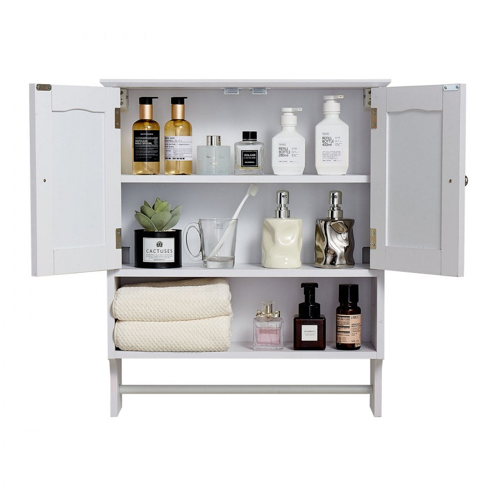 VEVOR Bathroom Wall Cabinet, 2 Doors and Adjustable Shelf, Over the Toilet Storage Medicine Cabinet Wall Mounted, Hanging Organizer with Open Partition and Towel Bar for Laundry Room Kitchen, White