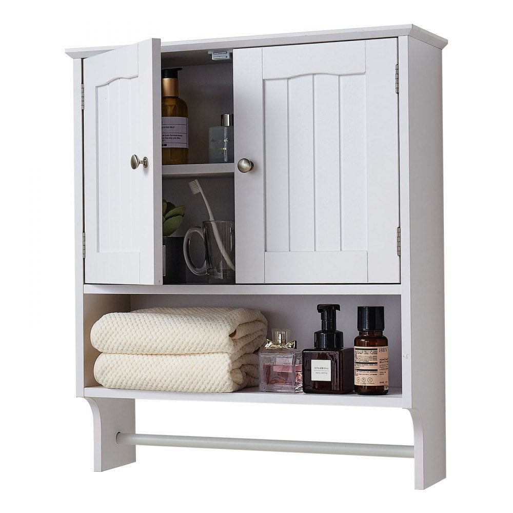 VEVOR Bathroom Wall Cabinet, 2 Doors and Adjustable Shelf, Over the Toilet Storage Medicine Cabinet Wall Mounted, Hanging Organizer with Open Partition and Towel Bar for Laundry Room Kitchen, White