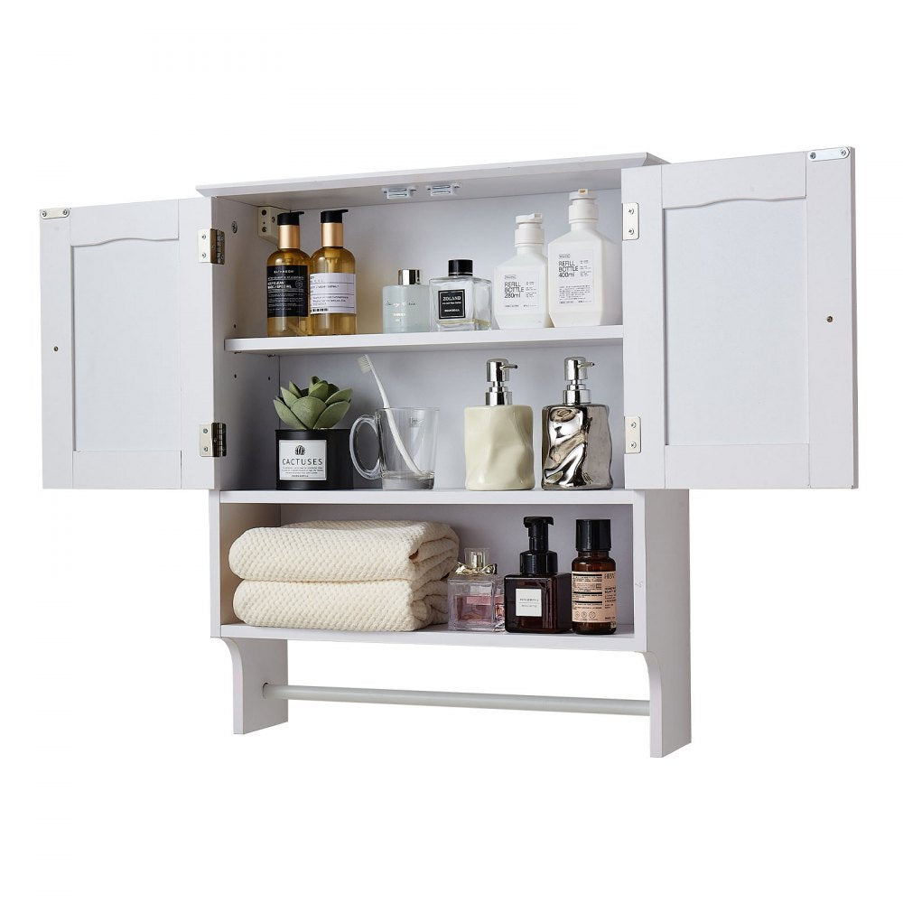 VEVOR Bathroom Wall Cabinet, 2 Doors and Adjustable Shelf, Over the Toilet Storage Medicine Cabinet Wall Mounted, Hanging Organizer with Open Partition and Towel Bar for Laundry Room Kitchen, White