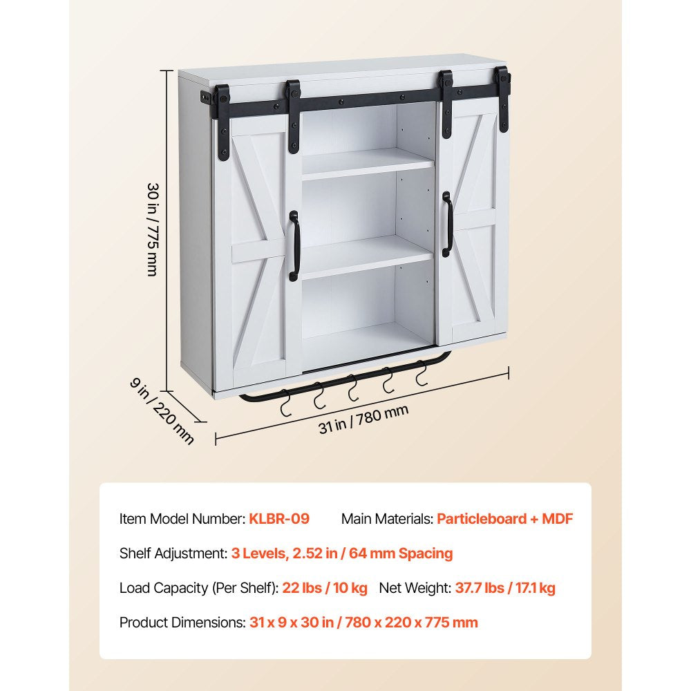 VEVOR Bathroom Wall Cabinet, 2 Doors and Adjustable Shelf, Over the Toilet Storage Medicine Cabinet Wall Mounted, Hanging Organizer with Open Partition/Towel Bar/Hooks for Laundry Room Kitchen, White