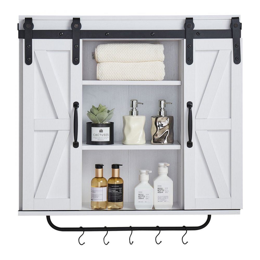 VEVOR Bathroom Wall Cabinet, 2 Doors and Adjustable Shelf, Over the Toilet Storage Medicine Cabinet Wall Mounted, Hanging Organizer with Open Partition/Towel Bar/Hooks for Laundry Room Kitchen, White