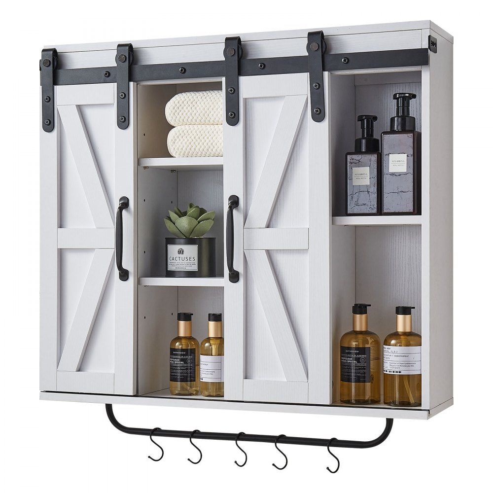 VEVOR Bathroom Wall Cabinet, 2 Doors and Adjustable Shelf, Over the Toilet Storage Medicine Cabinet Wall Mounted, Hanging Organizer with Open Partition/Towel Bar/Hooks for Laundry Room Kitchen, White