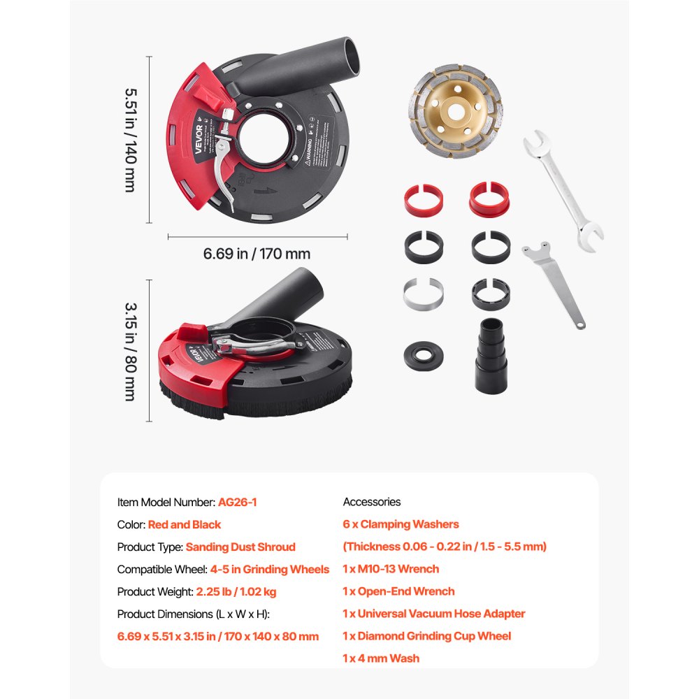 VEVOR Grinding Dust Shroud for Angle Grinder, Universal 4-5 in, Surface Grinder Dust Shroud with 6 Clamping Washers & 5 in Diamond Grinding Cup Wheel, Connect to Vacuum Cleaner, for Wood Concrete Wall