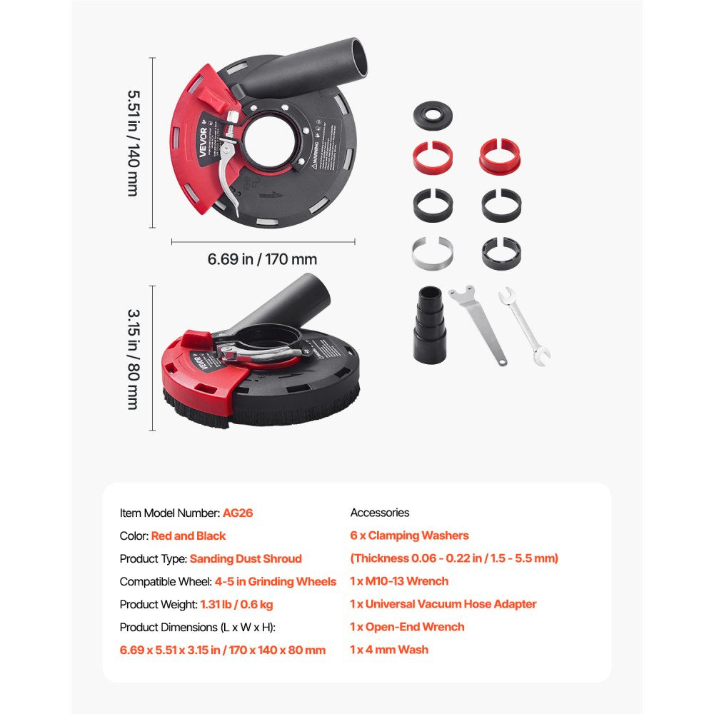 VEVOR Grinding Dust Shroud for Angle Grinder, Universal 4-5 in, Surface Grinder Dust Shroud with 6 Clamping Washers, Connect to Vacuum Cleaner, Suitable for Grinding Wood Concrete Wall Stone