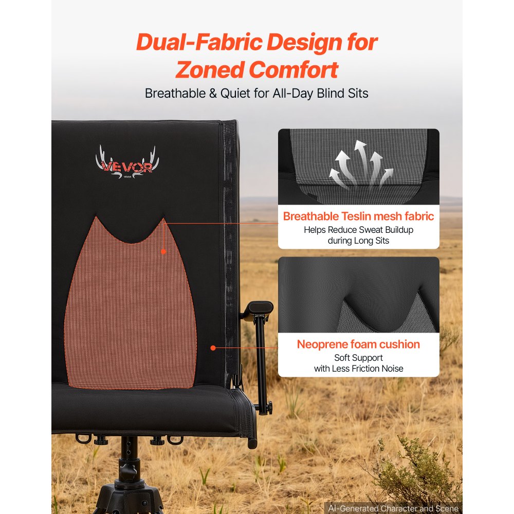 VEVOR 360° Silent Swivel Hunting Chair, 350 lb Blind Chair, Adjustable Legs, Foldable Portable Ground Stool Seat, Extra-Wide Seat, High Backrest, Camo Teslin, Wide Feet & Shoulder Strap