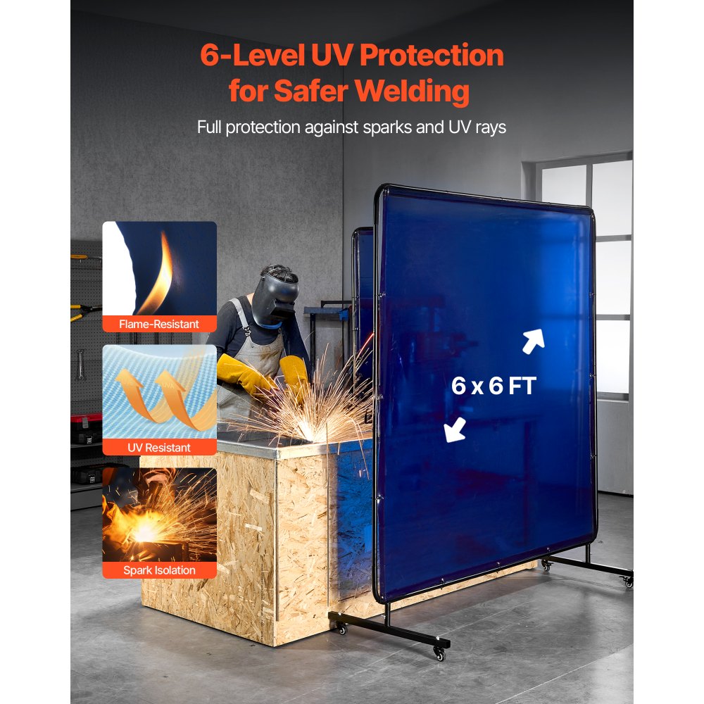 VEVOR Welding Screen with Frame, 6 x 6 FT Welding Curtain Screen, Flame-Resistant Vinyl Safety Protection Screens with Lockable Swivel Wheels & 6-Level UV Protection for Workshop/Industrial Use, Blue