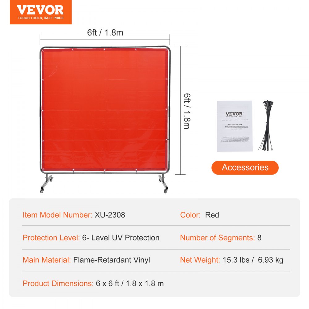 VEVOR Welding Screen with Frame, 6' x 6' Welding Curtain Screen, Flame-Resistant Vinyl Welding Protection Screen on 4 Swivel Wheels (2 Lockable), Moveable & Professional for Workshop/Industrial, Red