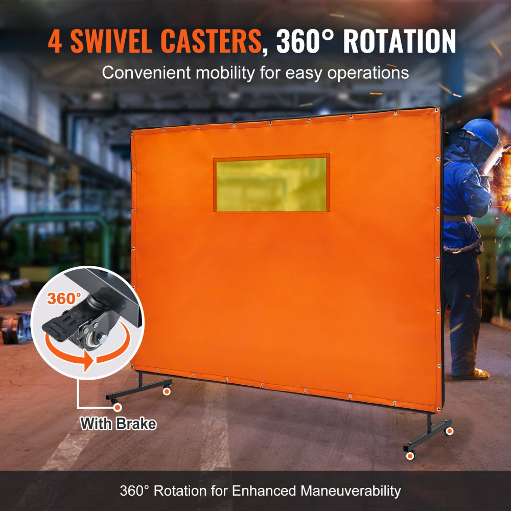 VEVOR Welding Screen with Frame, 6' x 8' Welding Curtain Screens, Flame-Resistant Vinyl Welding Protection Screen with 4 Swivel Wheels (2 Lockable) & Transparent Window for Workshop/Industrial, Yellow