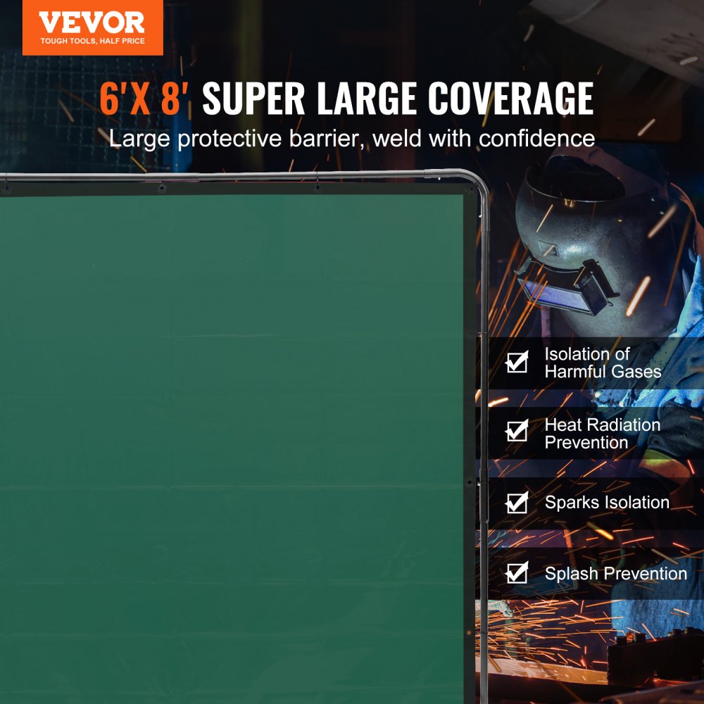 VEVOR Welding Screen with Frame, 6' x 8' Welding Curtain Screen, Flame-Resistant Vinyl Welding Protection Screen on 4 Swivel Wheels (2 Lockable), Moveable & Professional for Workshop/Industrial, Green