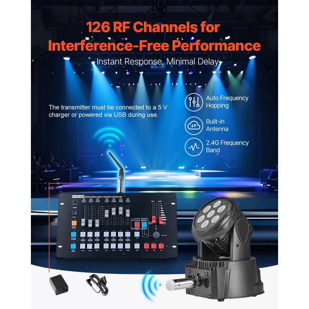 VEVOR DMX Wireless Receiver, 7 Receivers & 1 Transmitter, 2.4G ISM Band, 656 ft Transmission Range, Rechargeable Battery, Wireless Stage Lighting Control, for LED Stage Party DJ Bar Lighting, Silver