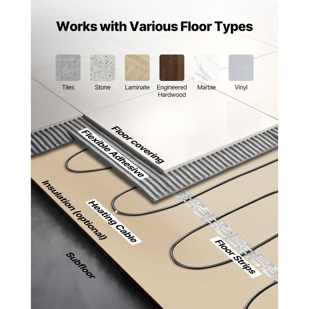 VEVOR 100 sqft Underfloor Heating Cable Kit, 120V Electric Radiant Heated Floor System, with Smart Control Thermostat & Alarm, Easy Installation for Tile, Stone, Vinyl, Home Improvement