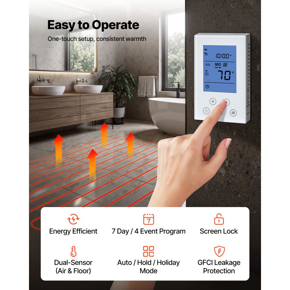 VEVOR 50 sqft Underfloor Heating Cable Kit, 120V Electric Radiant Heated Floor System, with Smart Control Thermostat & Alarm, Easy Installation for Tile, Stone, Vinyl, Home Improvement