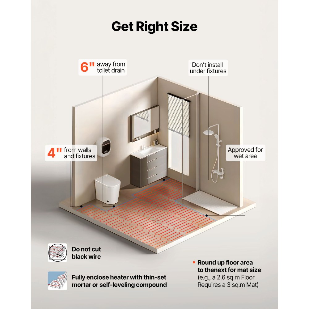 VEVOR 50 sqft Underfloor Heating Cable Kit, 120V Electric Radiant Heated Floor System, with Smart Control Thermostat & Alarm, Easy Installation for Tile, Stone, Vinyl, Home Improvement