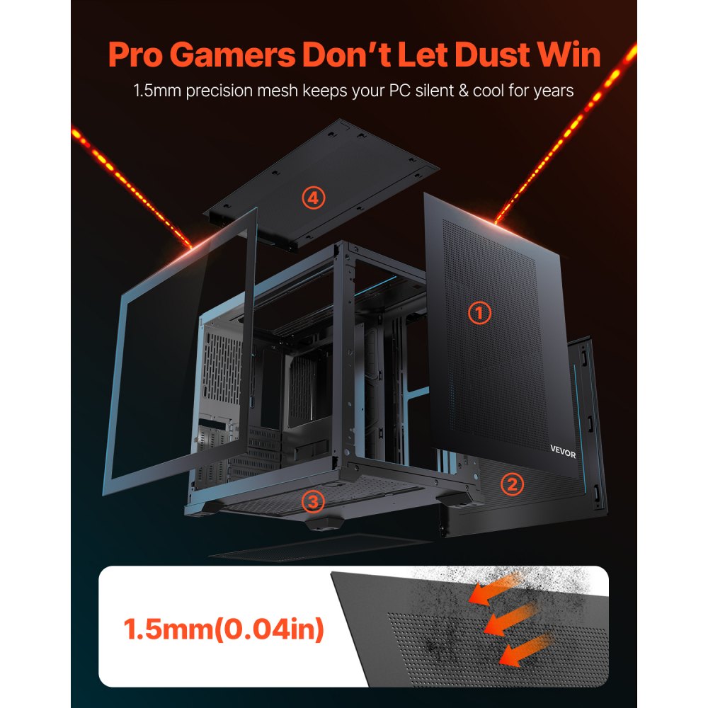 VEVOR Mid-Tower PC Case, Dual Chamber, Gaming Computer Case with Tempered Glass Panels, Magnetic Dust Filter, Cable Management, for GPU up to 410 mm in Length, Compatible with ATX/M-ATX/ITX, No Fan