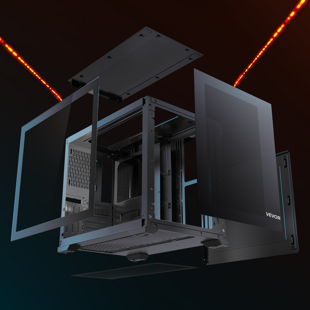 VEVOR Mid-Tower PC Case, Dual Chamber, Gaming Computer Case with Tempered Glass Panels, Magnetic Dust Filter, Cable Management, for GPU up to 410 mm in Length, Compatible with ATX/M-ATX/ITX, No Fan