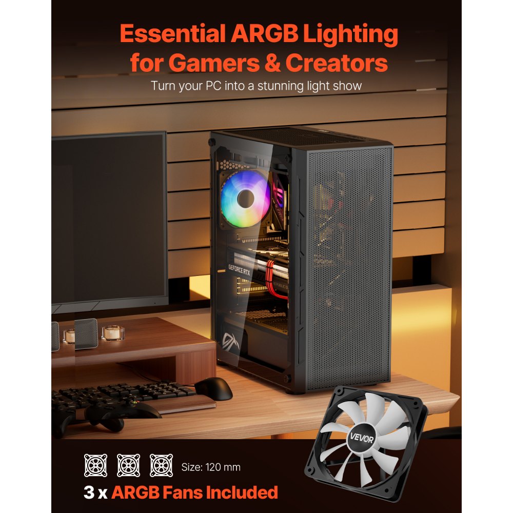 VEVOR PC Gaming Case, Mid-Tower, Computer Case with High-Airflow Tempered Glass Panel, Dust Filter, 3 x 120 mm ARGB Fans, Easy Cable Management, for GPU up to 320 mm in Length, for ATX / M-ATX / ITX