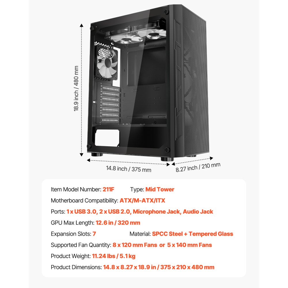 VEVOR PC Gaming Case, Mid-Tower, Computer Case with High-Airflow Tempered Glass Panel, Dust Filter, 3 x 120 mm ARGB Fans, Easy Cable Management, for GPU up to 320 mm in Length, for ATX / M-ATX / ITX