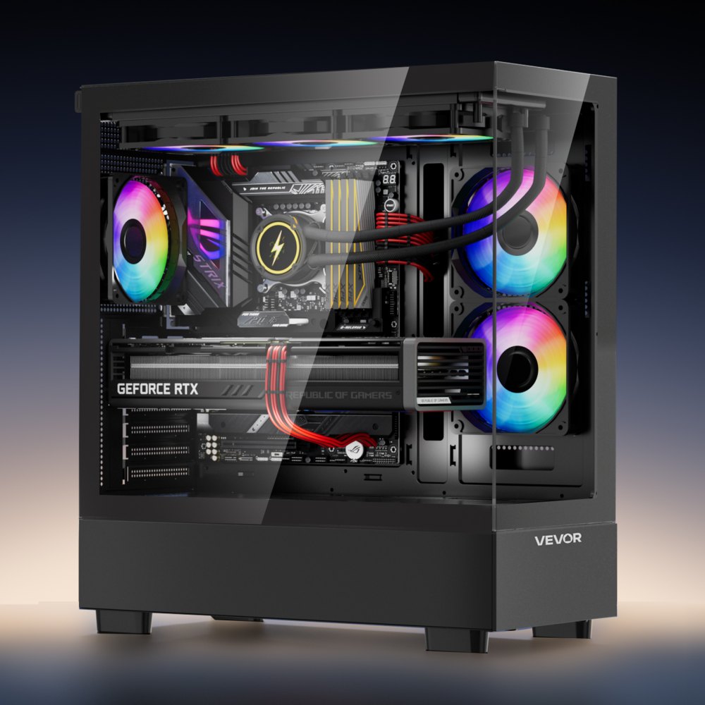 VEVOR PC Gaming Case, Mid-Tower, Computer Case with High-Airflow Tempered Glass Panel, Dust Filter, 6 x 120 mm PWM ARGB Fans, Easy Cable Management, for GPU up to 410 mm in Length, for ATX/M-ATX/ITX