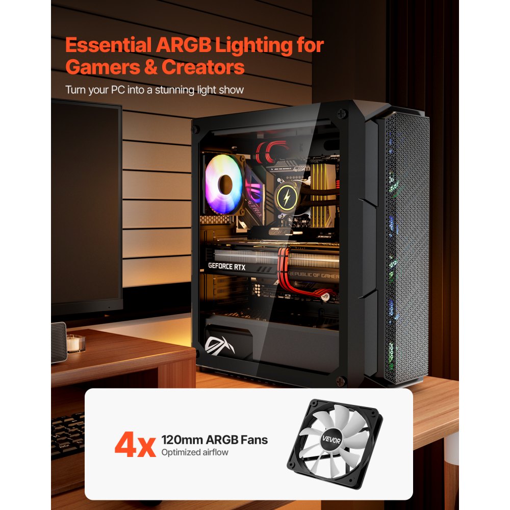 VEVOR PC Gaming Case, Mid-Tower, Computer Case with High-Airflow Tempered Glass Panel, Dust Filter, 4 x 120 mm ARGB Fans, Easy Cable Management, for GPU up to 320 mm in Length, for ATX / M-ATX / ITX