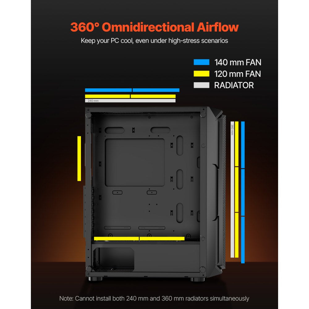 VEVOR PC Gaming Case, Mid-Tower, Computer Case with High-Airflow Tempered Glass Panel, Dust Filter, 4 x 120 mm ARGB Fans, Easy Cable Management, for GPU up to 320 mm in Length, for ATX / M-ATX / ITX