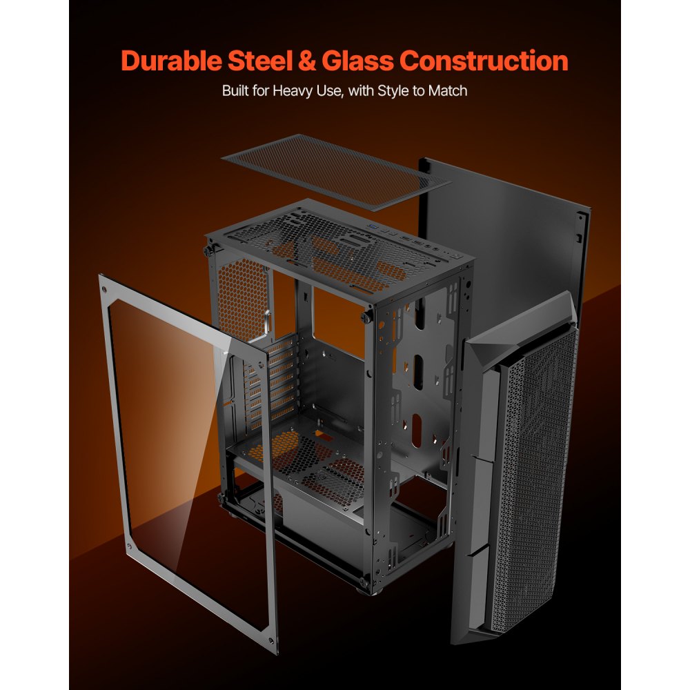 VEVOR PC Gaming Case, Mid-Tower, Computer Case with High-Airflow Tempered Glass Panel, Dust Filter, 4 x 120 mm ARGB Fans, Easy Cable Management, for GPU up to 320 mm in Length, for ATX / M-ATX / ITX