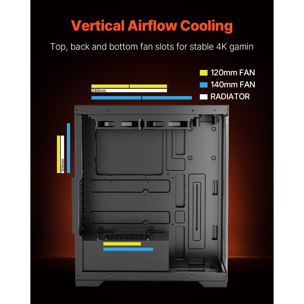 VEVOR PC Gaming Case, Mid-Tower, Computer Case with High-Airflow Tempered Glass Panel, Dust Filter, 2 x 120 mm Fans, Cable Management, for GPU up to 360 mm in Length, Compatible with ATX/M-ATX/ITX