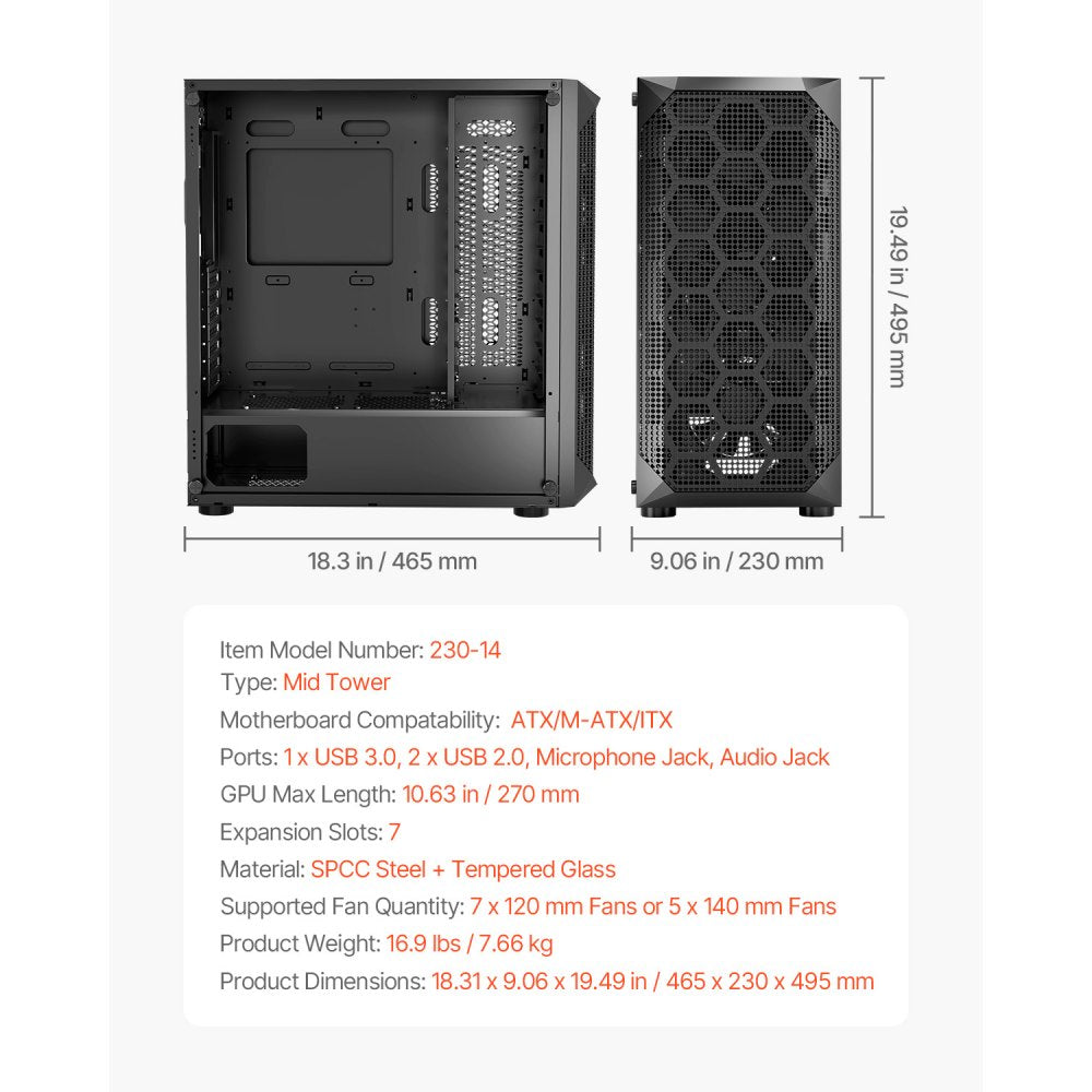 VEVOR PC Gaming Case, Mid-Tower, Computer Case with High-Airflow Tempered Glass Panel, Dust Filter, 4 x 120 mm Fans, Cable Management, for GPU up to 270 mm in Length, Compatible with ATX/M-ATX/ITX