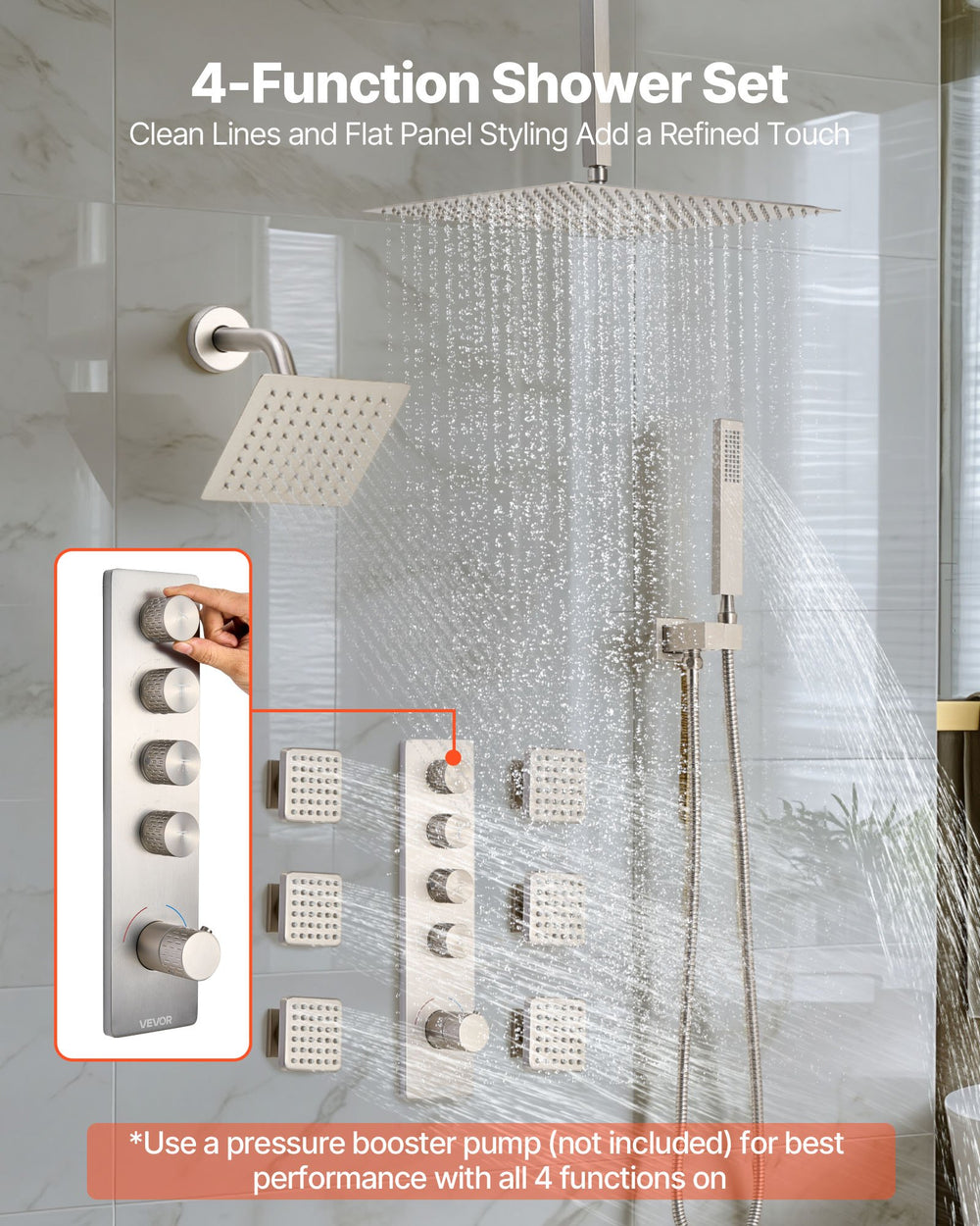 4-function shower set installed view with overhead, side head, handheld and body jets