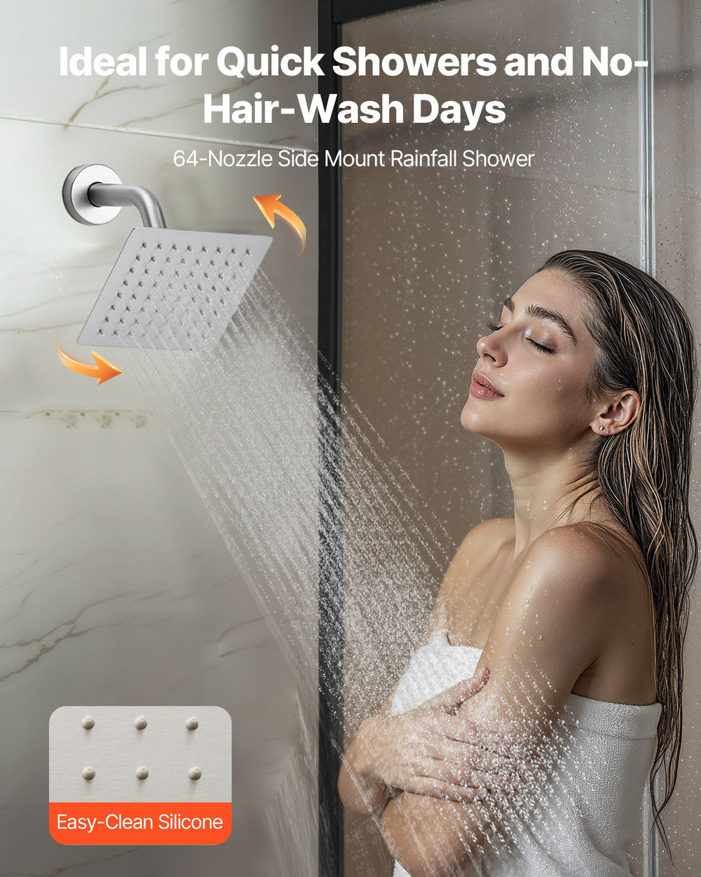 6-inch side mount rainfall shower head quick shower and no-hair-wash days graphic