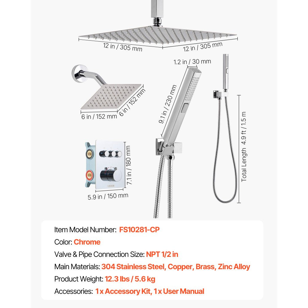 VEVOR Shower Faucet Set, 12 Inch Thermostatic Ceiling Mount Rainfall Shower System with 6 Inch Wall Mount Head and 2 in 1 Handheld Spray, 3-Function Dual Rain Head Brass Valve and Trim Kit, Chrome