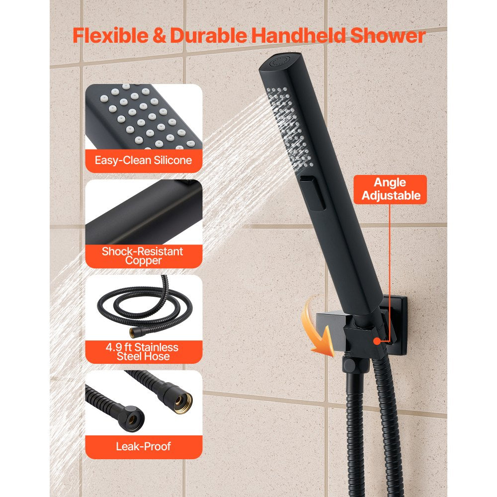 VEVOR Shower Faucet Set, 10 Inch Ceiling Mount Rainfall Shower System with 6 Inch Wall Mount Head and 2 in 1 Handheld Spray, Rotatable 3-Function Dual Rain Head Brass Valve and Trim Kit, Matte Black
