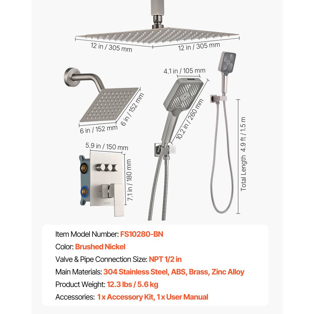 VEVOR Shower Faucet Set, 12 Inch Ceiling Mount Rainfall Shower System with 6 Inch Wall Mount Head and 4 in 1 Handheld Spray, Rotatable 3-Function Dual Rain Head Brass Valve & Trim Kit, Brushed Nickel