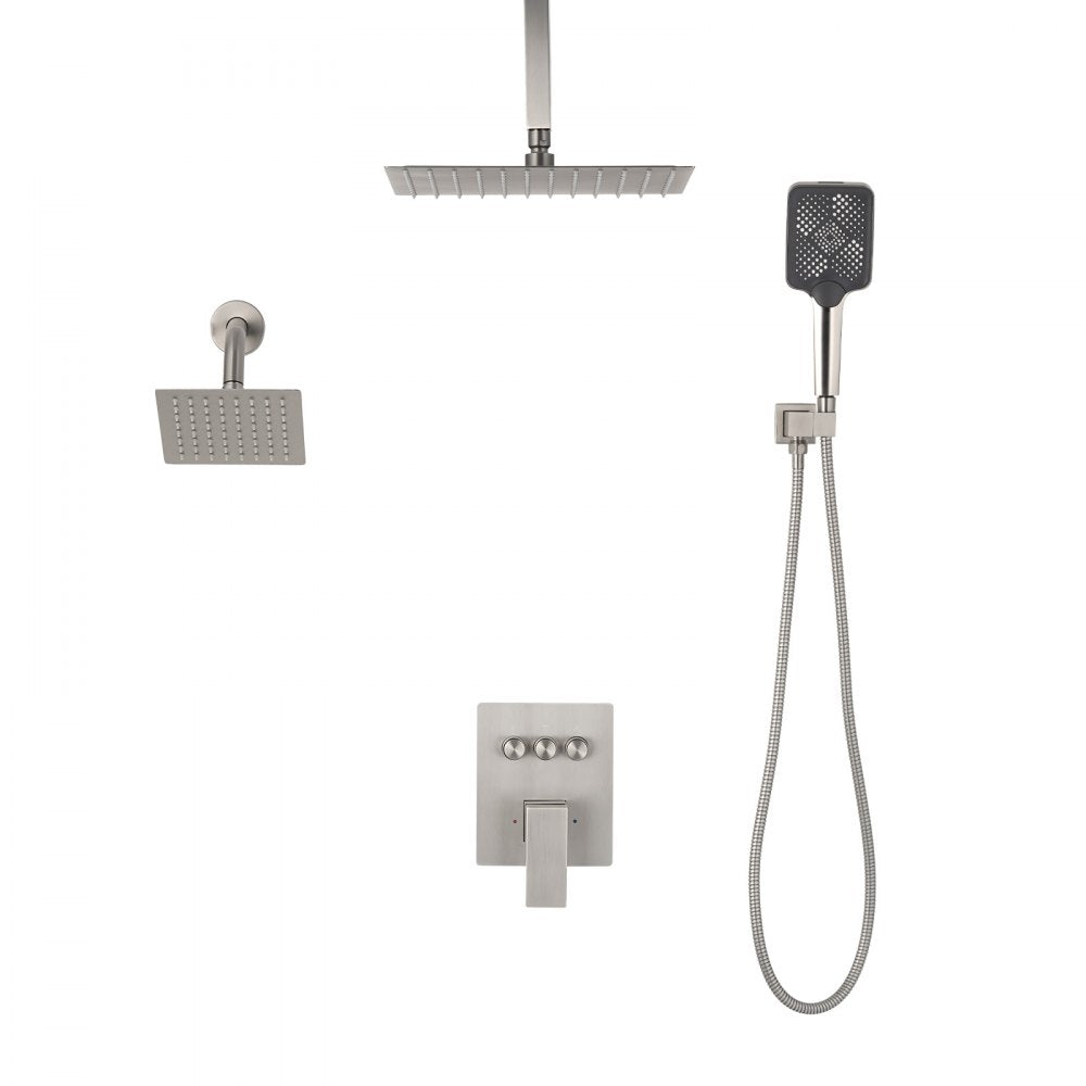 VEVOR Shower Faucet Set, 12 Inch Ceiling Mount Rainfall Shower System with 6 Inch Wall Mount Head and 4 in 1 Handheld Spray, Rotatable 3-Function Dual Rain Head Brass Valve & Trim Kit, Brushed Nickel