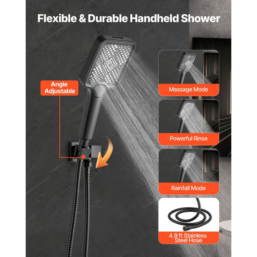 VEVOR Shower Faucet Set, 12 Inch Ceiling Mount Rainfall Shower System with 6 Inch Wall Mount Head and 4 in 1 Handheld Spray, Rotatable 3-Function Dual Rain Head Brass Valve and Trim Kit, Matte Black