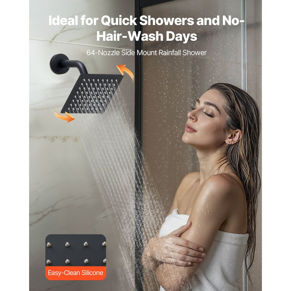 VEVOR Shower Faucet Set, 12 Inch Ceiling Mount Rainfall Shower System with 6 Inch Wall Mount Head and 4 in 1 Handheld Spray, Rotatable 3-Function Dual Rain Head Brass Valve and Trim Kit, Matte Black