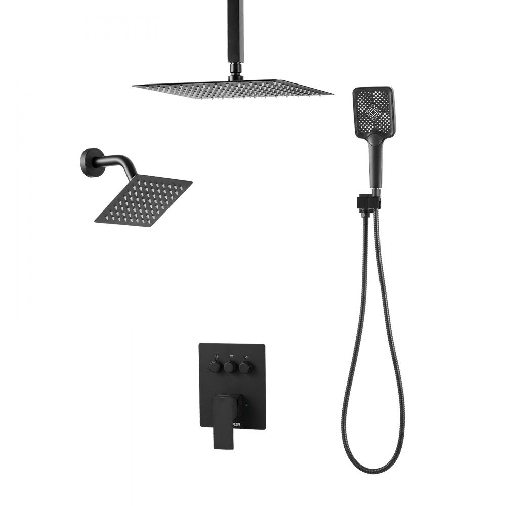 VEVOR Shower Faucet Set, 12 Inch Ceiling Mount Rainfall Shower System with 6 Inch Wall Mount Head and 4 in 1 Handheld Spray, Rotatable 3-Function Dual Rain Head Brass Valve and Trim Kit, Matte Black