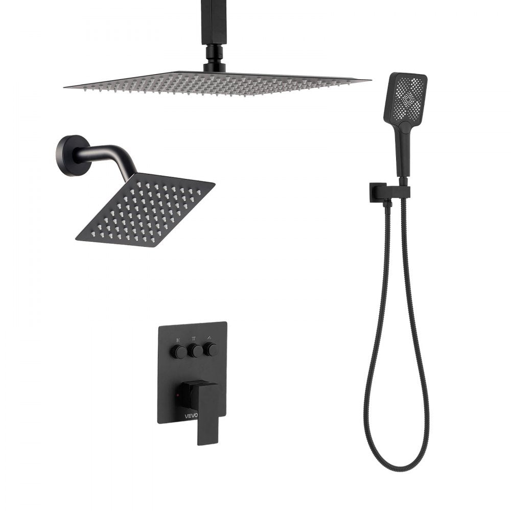 VEVOR Shower Faucet Set, 12 Inch Ceiling Mount Rainfall Shower System with 6 Inch Wall Mount Head and 4 in 1 Handheld Spray, Rotatable 3-Function Dual Rain Head Brass Valve and Trim Kit, Matte Black