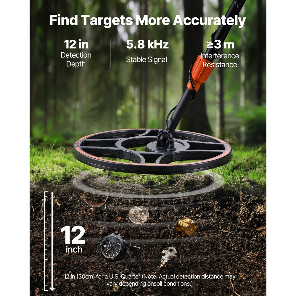 VEVOR Metal Detector for Adults, 12", Professional High Accuracy Gold Detector, IP68 Waterproof Search Coil with Display, Headphones, 6 Modes, Adjustable Length, for Detecting Gold Treasure Hunting