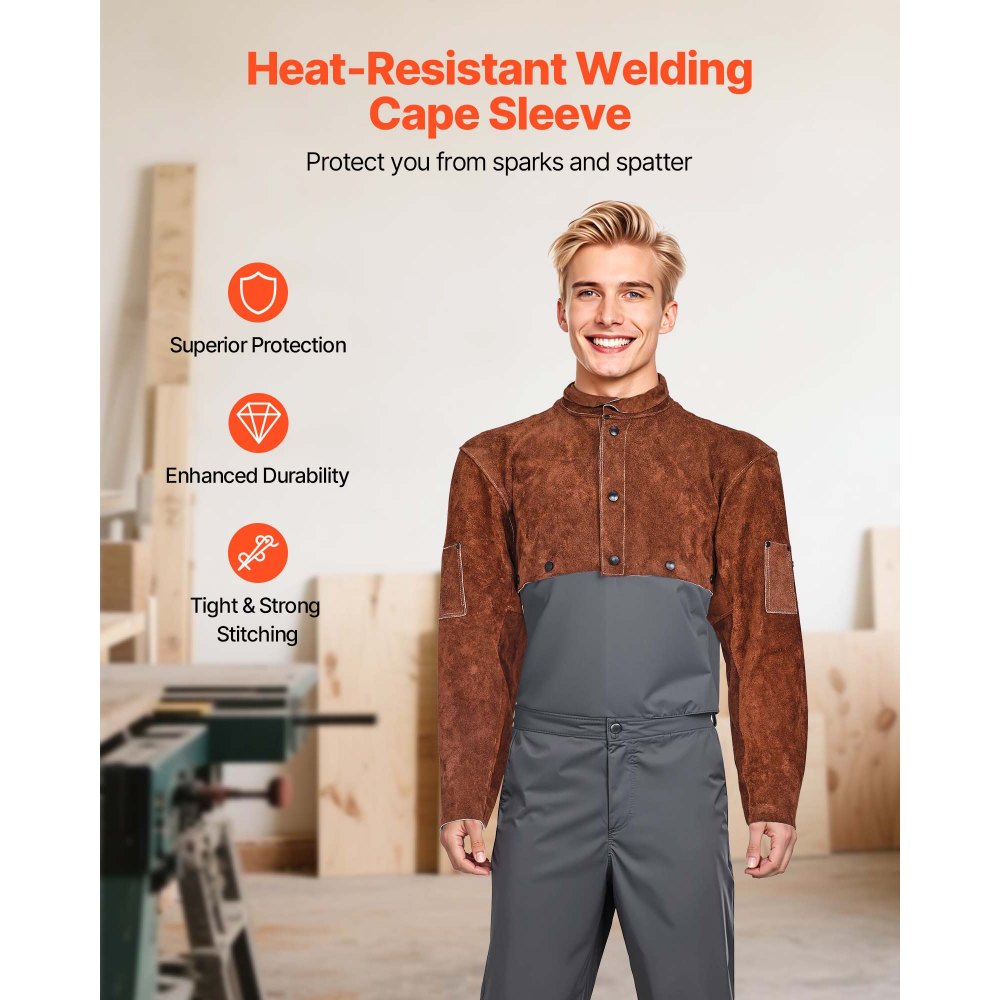 VEVOR Leather Welding Cape Sleeve, Heavy Duty Flame Resistant Cowhide Safety Cape Sleeves for Men Women, Heat-Resistant for Welding, Blacksmithing, Woodworking, Gardening, M-Size