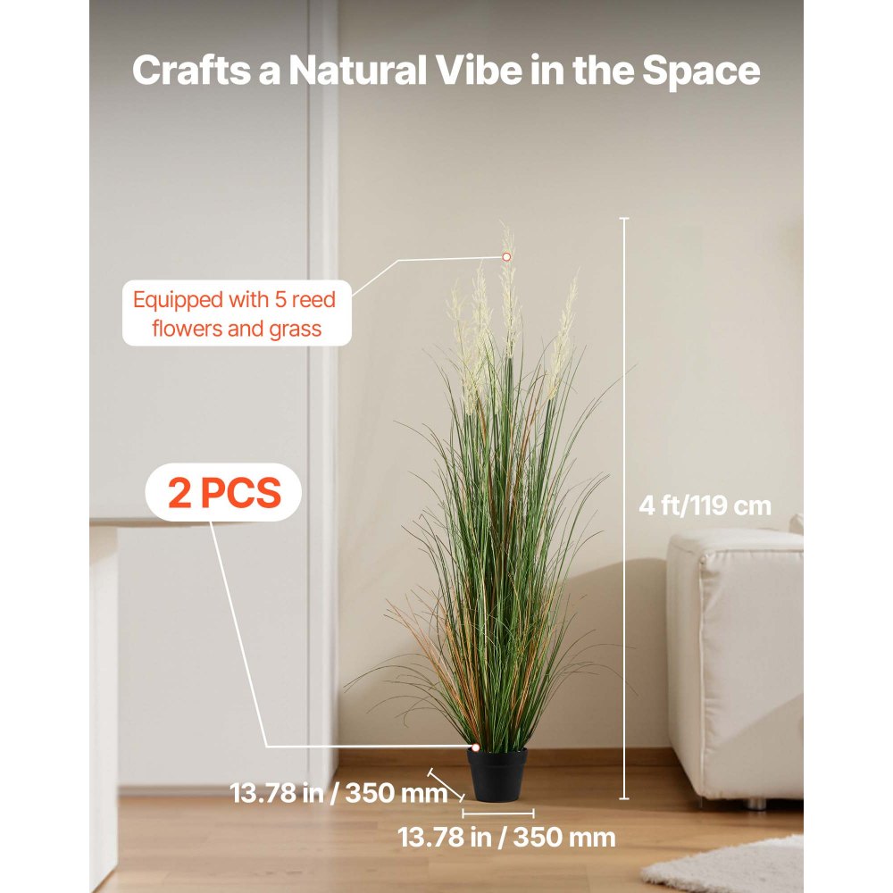 VEVOR Artificial Grass Plant, 2 Pack 47 inch Reed Flower Grass in Pot, Premium PVC Faux Fake Greenery Shrubs Plant for Indoor Outdoor House Home Garden Office Room Décor, Housewarming, Green