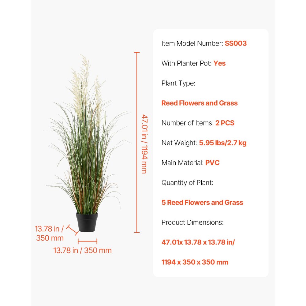 VEVOR Artificial Grass Plant, 2 Pack 47 inch Reed Flower Grass in Pot, Premium PVC Faux Fake Greenery Shrubs Plant for Indoor Outdoor House Home Garden Office Room Décor, Housewarming, Green