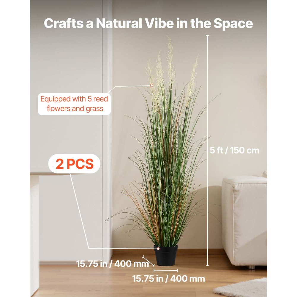VEVOR Artificial Grass Plant, 2 Pack 59 inch Faux Reed Flower Grass in Pot, Premium PVC Fake Greenery Shrubs Plant for Indoor Outdoor House Home Garden Office Room Décor, Housewarming, Green